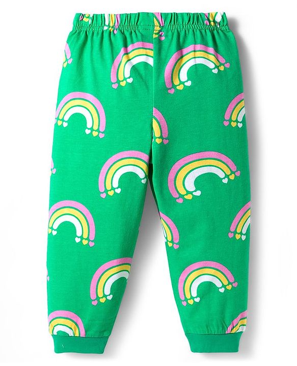 Babyhug Cotton Knit Full Sleeves Co-ord Night Suit With Rainbow Print - Green
