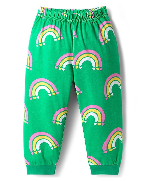 Babyhug Cotton Knit Full Sleeves Co-ord Night Suit With Rainbow Print - Green