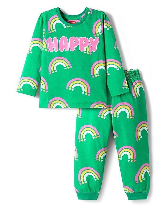 Babyhug Cotton Knit Full Sleeves Co-ord Night Suit With Rainbow Print - Green