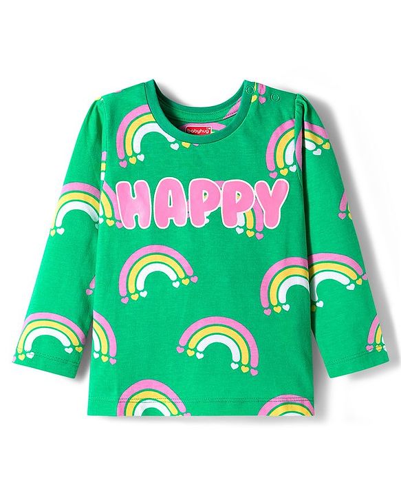 Babyhug Cotton Knit Full Sleeves Co-ord Night Suit With Rainbow Print - Green