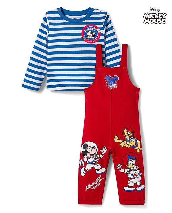 Babyhug Disney Terry Knit Full Sleeves Striped T-Shirt & Dungaree with Mickey Mouse & Friends Graphic & Badge Detailing - Red & Blue