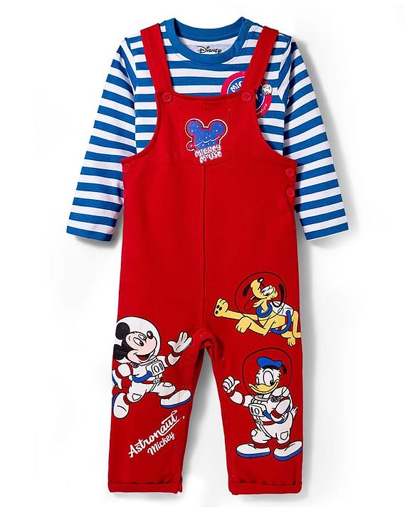 Babyhug Disney Terry Knit Full Sleeves Striped T-Shirt & Dungaree with Mickey Mouse & Friends Graphic & Badge Detailing - Red & Blue
