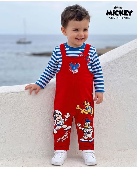 Babyhug Disney Terry Knit Full Sleeves Striped T-Shirt & Dungaree with Mickey Mouse & Friends Graphic & Badge Detailing - Red & Blue