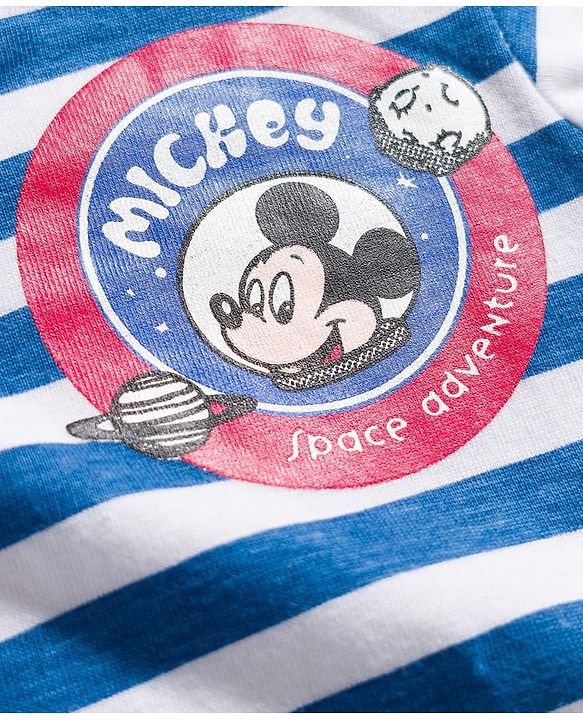Babyhug Disney Terry Knit Full Sleeves Striped T-Shirt & Dungaree with Mickey Mouse & Friends Graphic & Badge Detailing - Red & Blue