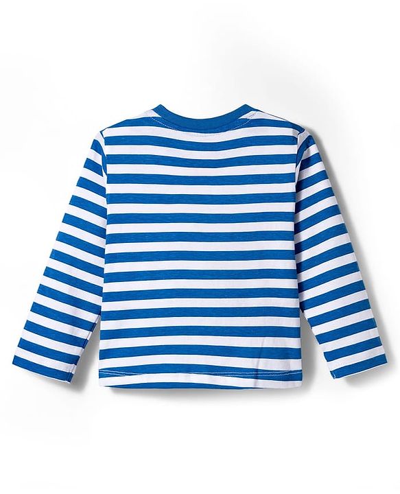 Babyhug Disney Terry Knit Full Sleeves Striped T-Shirt & Dungaree with Mickey Mouse & Friends Graphic & Badge Detailing - Red & Blue