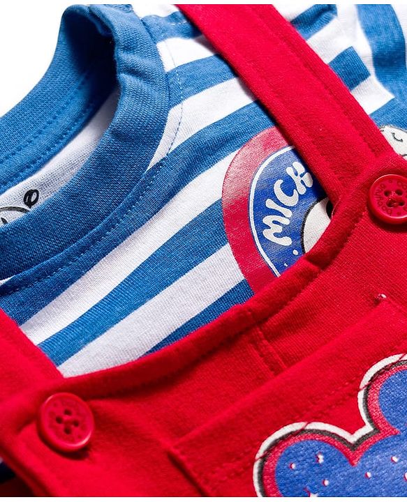 Babyhug Disney Terry Knit Full Sleeves Striped T-Shirt & Dungaree with Mickey Mouse & Friends Graphic & Badge Detailing - Red & Blue