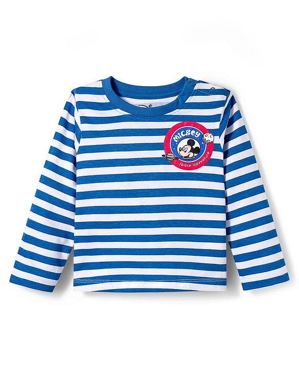 Babyhug Disney Terry Knit Full Sleeves Striped T-Shirt & Dungaree with Mickey Mouse & Friends Graphic & Badge Detailing - Red & Blue