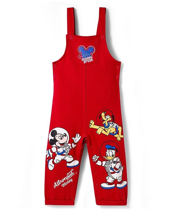 Babyhug Disney Terry Knit Full Sleeves Striped T-Shirt & Dungaree with Mickey Mouse & Friends Graphic & Badge Detailing - Red & Blue