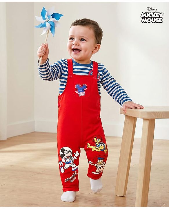 Babyhug Disney Terry Knit Full Sleeves Striped T-Shirt & Dungaree with Mickey Mouse & Friends Graphic & Badge Detailing - Red & Blue