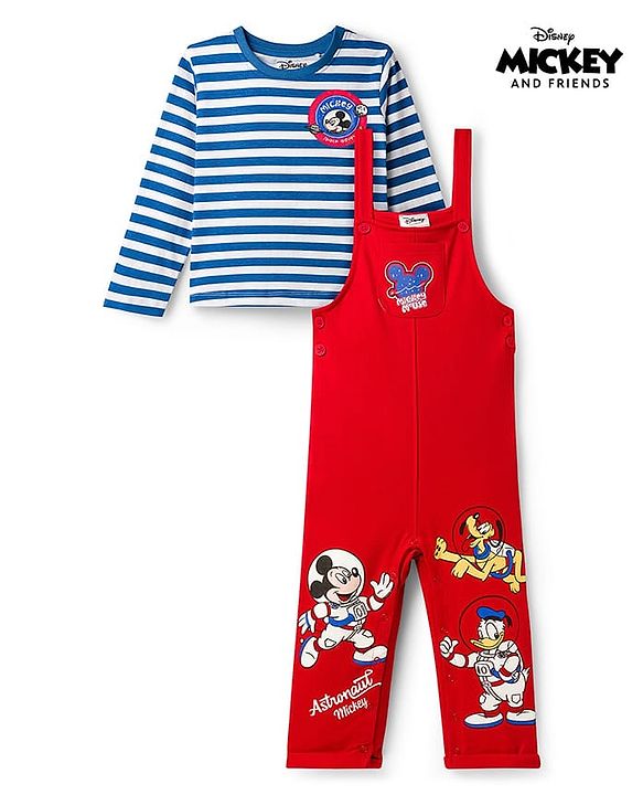 Babyhug Disney Terry Knit Full Sleeves Striped T-Shirt & Dungaree with Mickey Mouse & Friends Graphic & Badge Detailing - Red & Blue