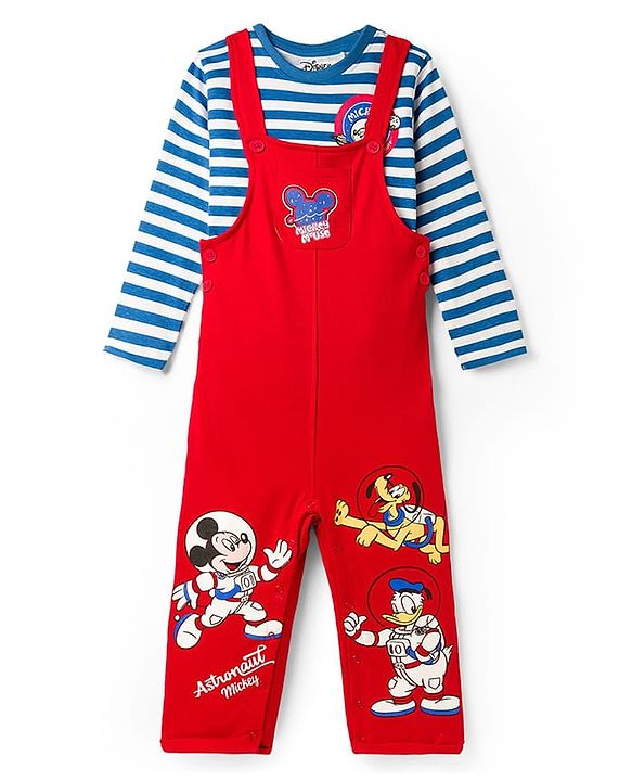 Babyhug Disney Terry Knit Full Sleeves Striped T-Shirt & Dungaree with Mickey Mouse & Friends Graphic & Badge Detailing - Red & Blue