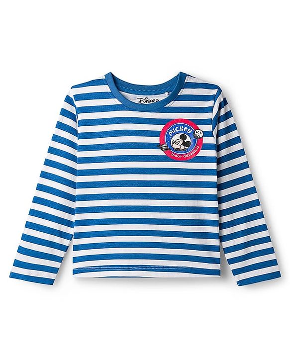 Babyhug Disney Terry Knit Full Sleeves Striped T-Shirt & Dungaree with Mickey Mouse & Friends Graphic & Badge Detailing - Red & Blue