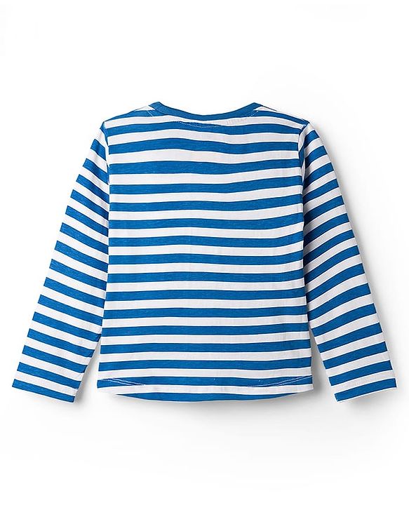 Babyhug Disney Terry Knit Full Sleeves Striped T-Shirt & Dungaree with Mickey Mouse & Friends Graphic & Badge Detailing - Red & Blue