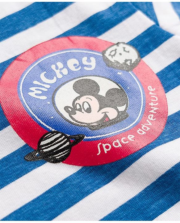 Babyhug Disney Terry Knit Full Sleeves Striped T-Shirt & Dungaree with Mickey Mouse & Friends Graphic & Badge Detailing - Red & Blue