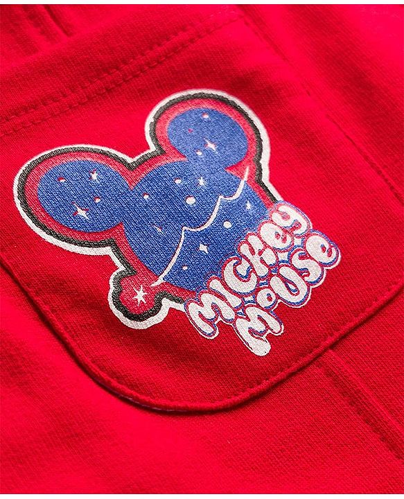 Babyhug Disney Terry Knit Full Sleeves Striped T-Shirt & Dungaree with Mickey Mouse & Friends Graphic & Badge Detailing - Red & Blue