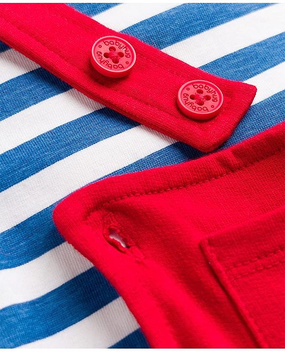 Babyhug Disney Terry Knit Full Sleeves Striped T-Shirt & Dungaree with Mickey Mouse & Friends Graphic & Badge Detailing - Red & Blue
