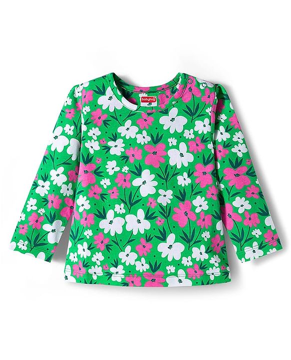 Babyhug Cotton Knit Full Sleeves Co-ord Night Suit With Floral Print - Green