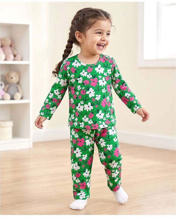 Babyhug Cotton Knit Full Sleeves Co-ord Night Suit With Floral Print - Green