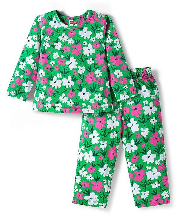 Babyhug Cotton Knit Full Sleeves Co-ord Night Suit With Floral Print - Green