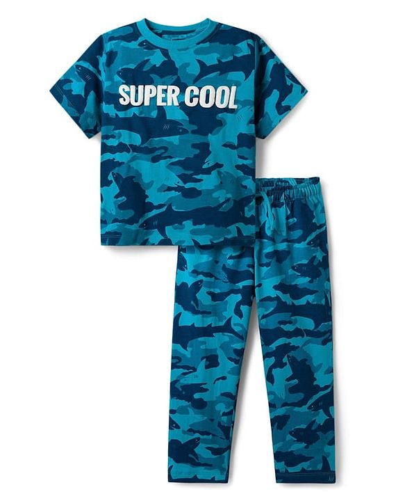 Pine Kids Cotton Knit Half Sleeves Night Suit With Super Cool Print - Blue