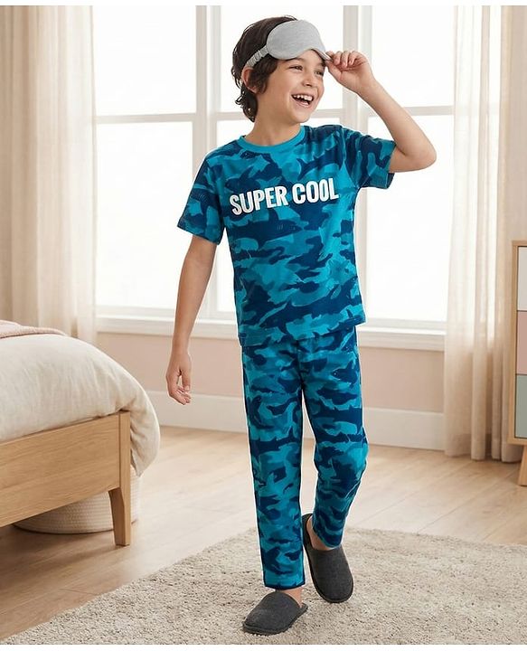 Pine Kids Cotton Knit Half Sleeves Night Suit With Super Cool Print - Blue