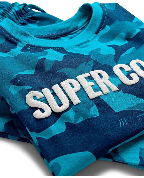 Pine Kids Cotton Knit Half Sleeves Night Suit With Super Cool Print - Blue