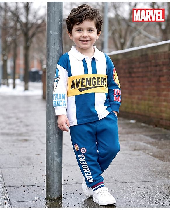 Babyhug Marvel Terry Knit Full Sleeves Cut & Sew Polo Sweatshirt & Track Pant Set with Avengers Graphic - Blue
