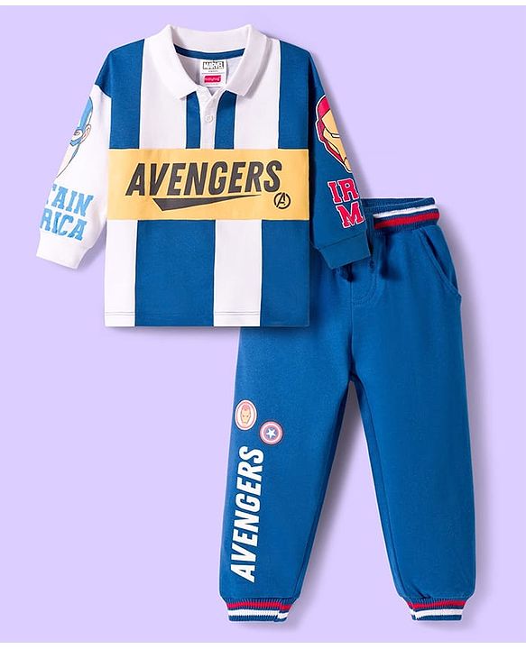 Babyhug Marvel Terry Knit Full Sleeves Cut & Sew Polo Sweatshirt & Track Pant Set with Avengers Graphic - Blue