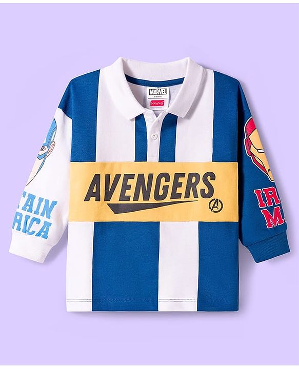 Babyhug Marvel Terry Knit Full Sleeves Cut & Sew Polo Sweatshirt & Track Pant Set with Avengers Graphic - Blue