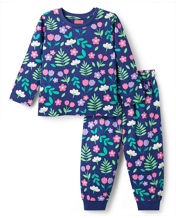 Babyhug Cotton Knit Full Sleeves Co-Ord Night Suit with Floral Print - Navy Blue