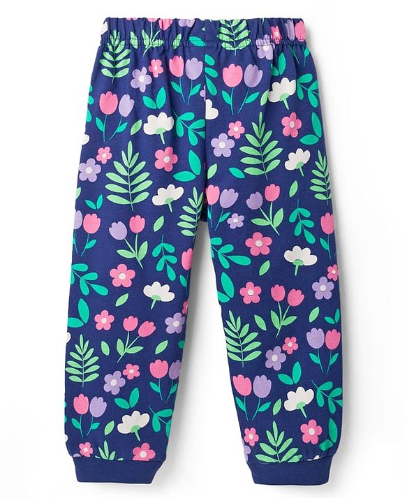 Babyhug Cotton Knit Full Sleeves Co-Ord Night Suit with Floral Print - Navy Blue