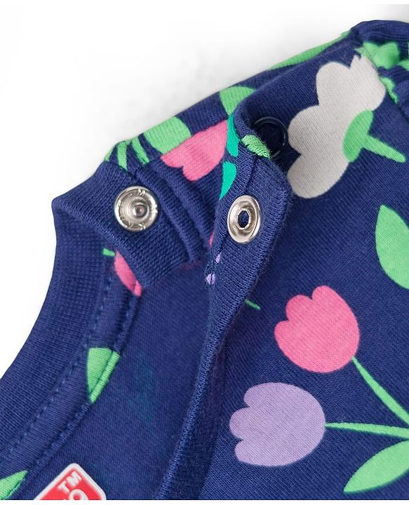 Babyhug Cotton Knit Full Sleeves Co-Ord Night Suit with Floral Print - Navy Blue