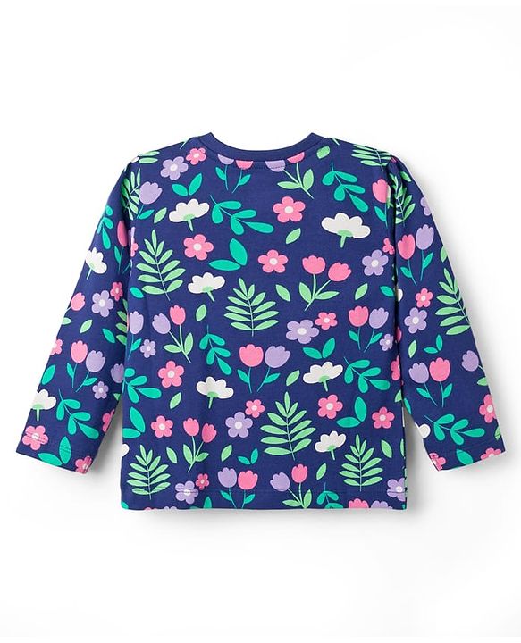 Babyhug Cotton Knit Full Sleeves Co-Ord Night Suit with Floral Print - Navy Blue