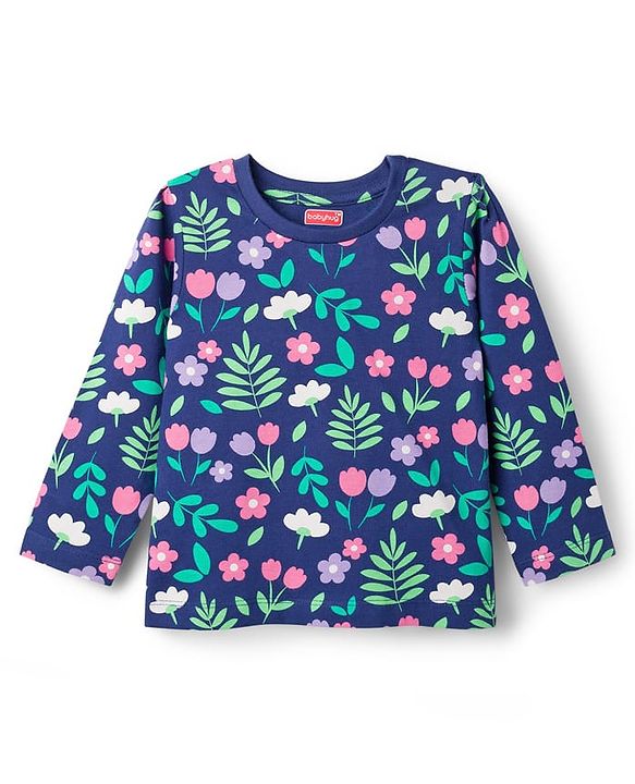 Babyhug Cotton Knit Full Sleeves Co-Ord Night Suit with Floral Print - Navy Blue