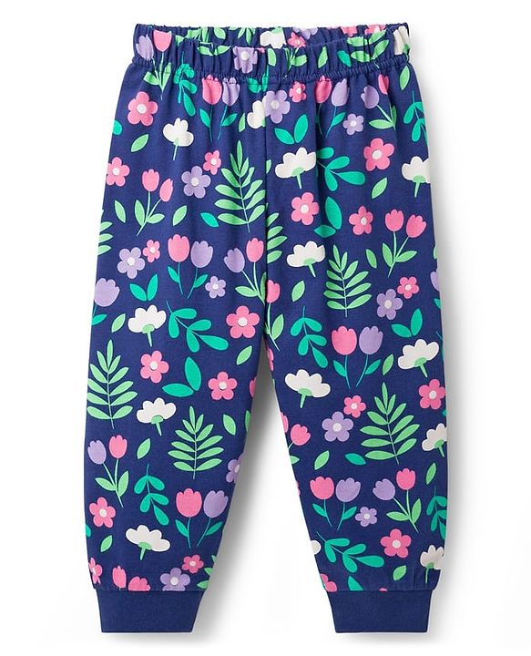 Babyhug Cotton Knit Full Sleeves Co-Ord Night Suit with Floral Print - Navy Blue