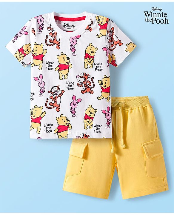 Babyhug Disney Single Jersey Knit Half Sleeves T-Shirt & Shorts Set with Winnie the Pooh Print - Yellow & White