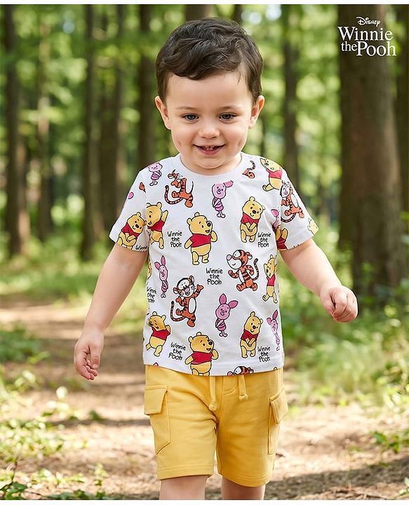 Babyhug Disney Single Jersey Knit Half Sleeves T-Shirt & Shorts Set with Winnie the Pooh Print - Yellow & White