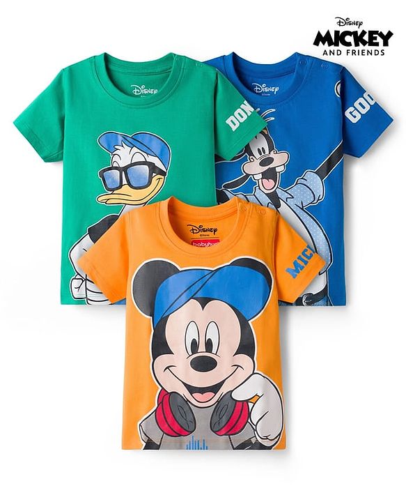 Babyhug Disney Single Jersey Knit Half Sleeves T-Shirts with Mickey & Friends Graphic Pack of 3 - Blue Orange & Green