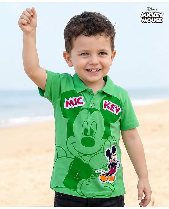 Babyhug Disney Single Jersey Knit Half Sleeves Polo T-Shirt with Mickey Mouse Graphic - Green