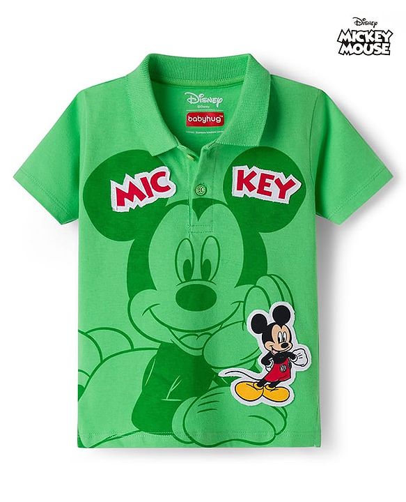 Babyhug Disney Single Jersey Knit Half Sleeves Polo T-Shirt with Mickey Mouse Graphic - Green
