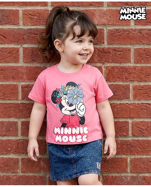 Babyhug Disney Single Jersey Knit Drop Shoulder Half Sleeves Oversized T-Shirt & Skirt Set with Minnie Mouse Graphic & Tie & Dye Effect - Pink