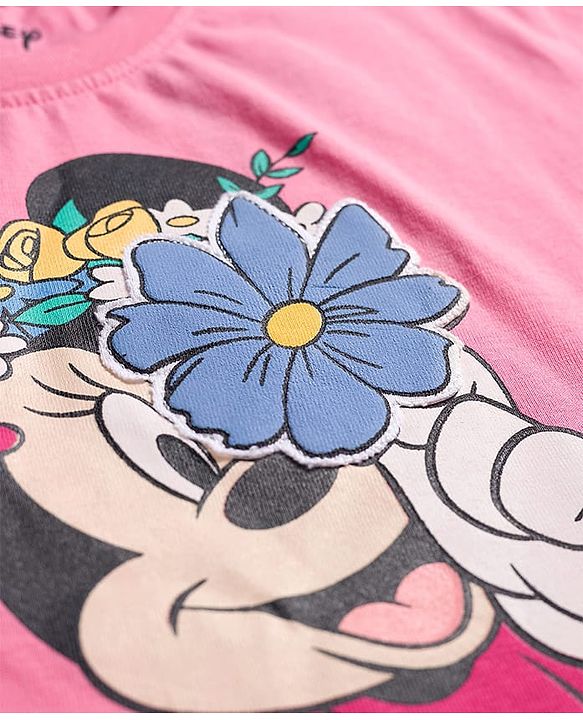 Babyhug Disney Single Jersey Knit Drop Shoulder Half Sleeves Oversized T-Shirt & Skirt Set with Minnie Mouse Graphic & Tie & Dye Effect - Pink