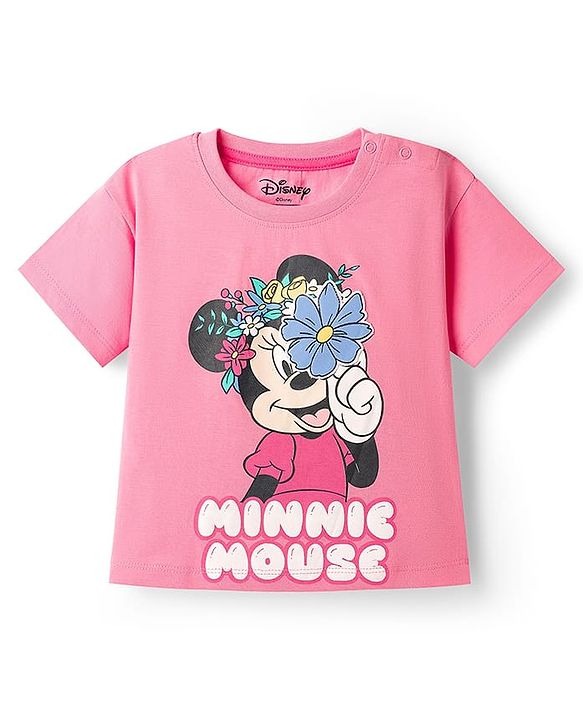 Babyhug Disney Single Jersey Knit Drop Shoulder Half Sleeves Oversized T-Shirt & Skirt Set with Minnie Mouse Graphic & Tie & Dye Effect - Pink