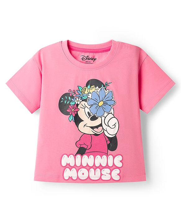 Babyhug Disney Single Jersey Knit Drop Shoulder Half Sleeves Oversized T-Shirt & Skirt Set with Minnie Mouse Graphic & Tie & Dye Effect - Pink