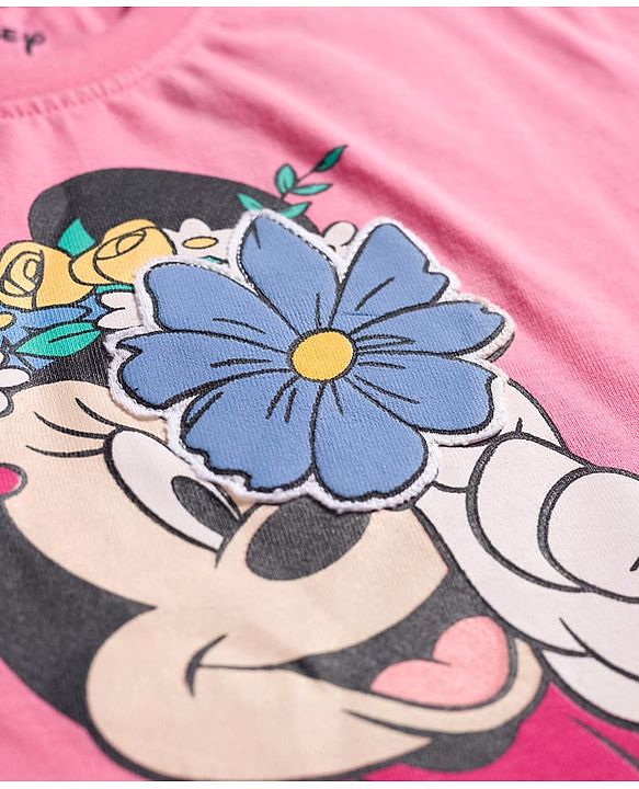 Babyhug Disney Single Jersey Knit Drop Shoulder Half Sleeves Oversized T-Shirt & Skirt Set with Minnie Mouse Graphic & Tie & Dye Effect - Pink
