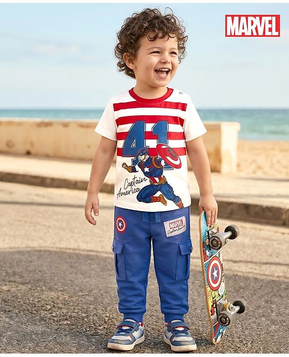 Babyhug Marvel Single Jersey Knit Half Sleeves T-Shirt & Lounge Pant Set with Captain America Graphic - Navy Blue