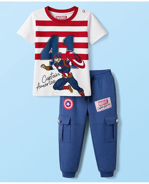 Babyhug Marvel Single Jersey Knit Half Sleeves T-Shirt & Lounge Pant Set with Captain America Graphic - Navy Blue