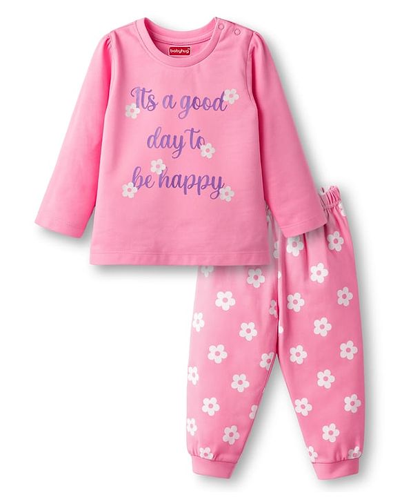 Babyhug Cotton Knit Full Sleeves Night Suit With Floral Print - Pink