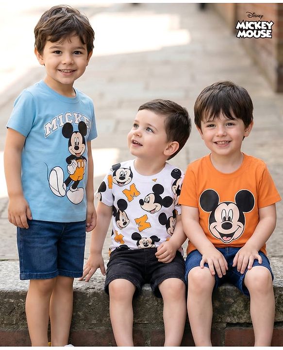 Babyhug Disney Single Jersey Knit Half Sleeves T-Shirts with Mickey Mouse Graphic Pack of 3 - Light Blue Orange & White
