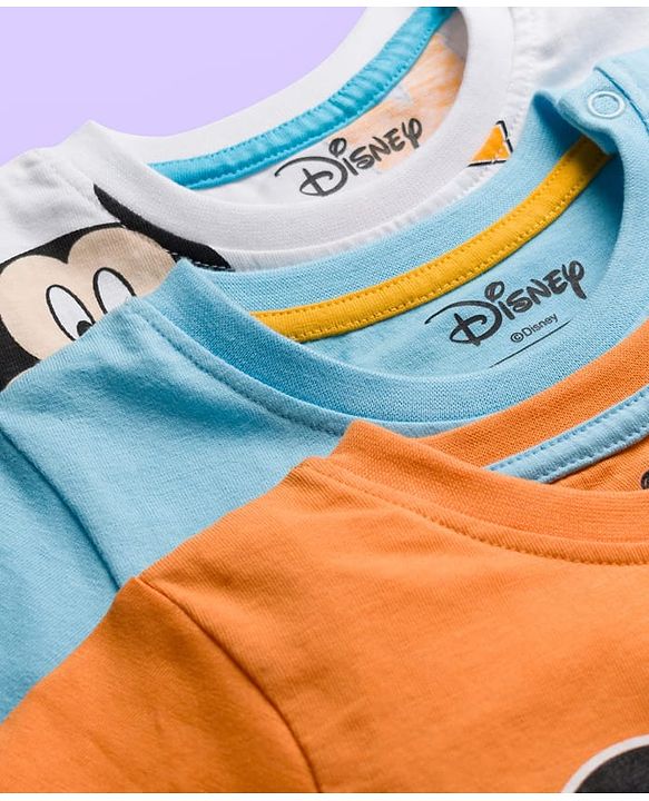 Babyhug Disney Single Jersey Knit Half Sleeves T-Shirts with Mickey Mouse Graphic Pack of 3 - Light Blue Orange & White
